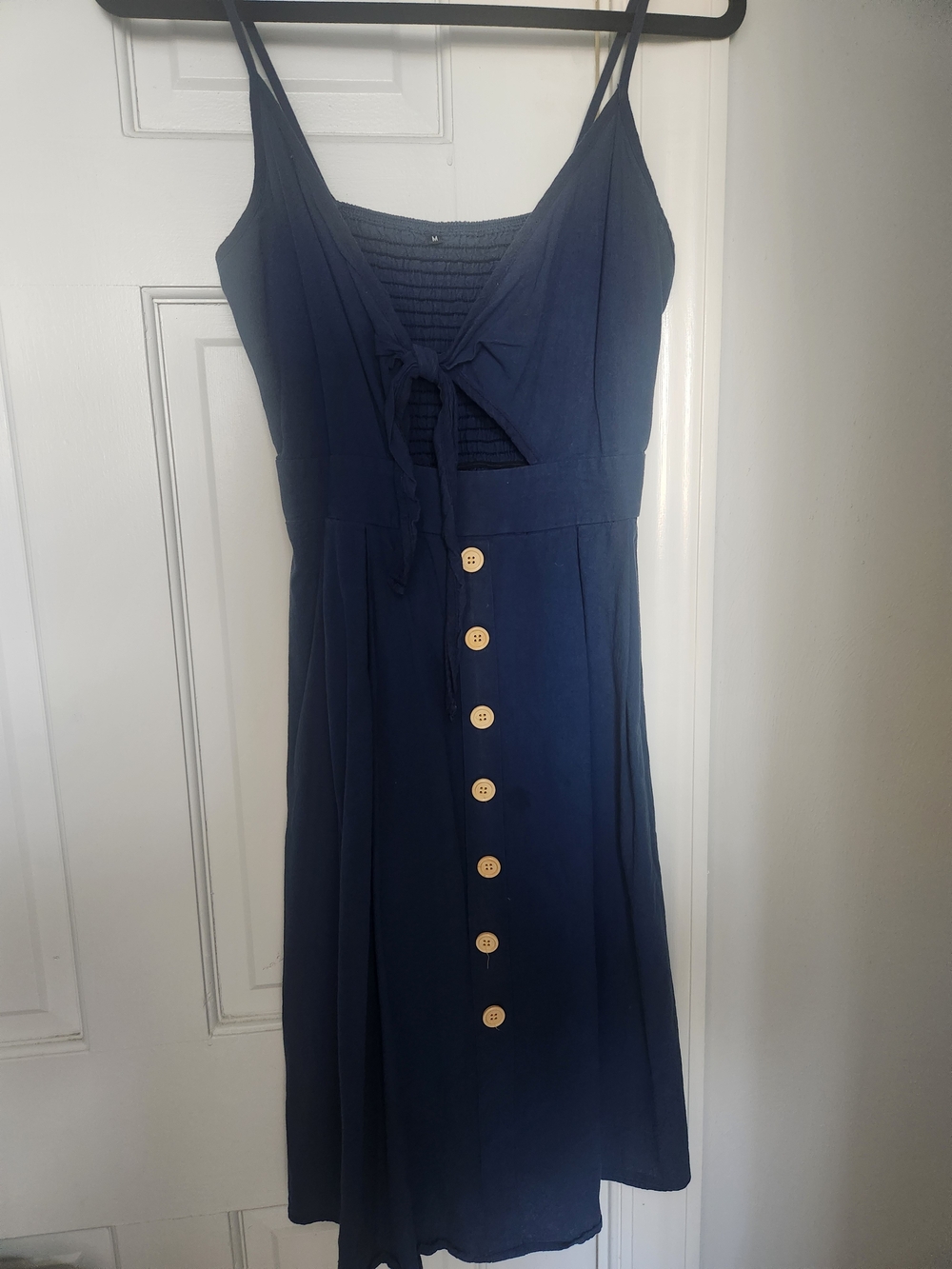 Navy Tie-Front Button Midi Dress